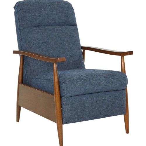 Hampton Manual Recliner in Tweed Indigo Blue Fabric & Rustic Brown Wood